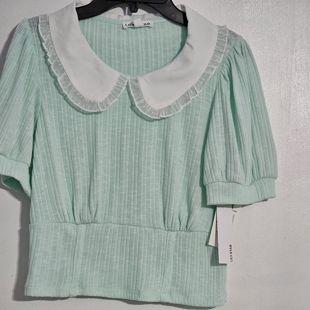Lily Star Girl Mint&White  Tee With Baby Collar Size M New With Tag